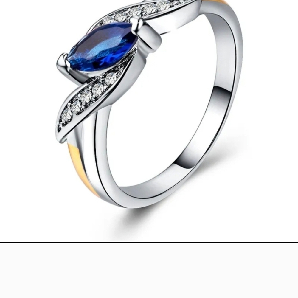 18k Gold Plate Elegant Silver and Blue Gemstone Ring
